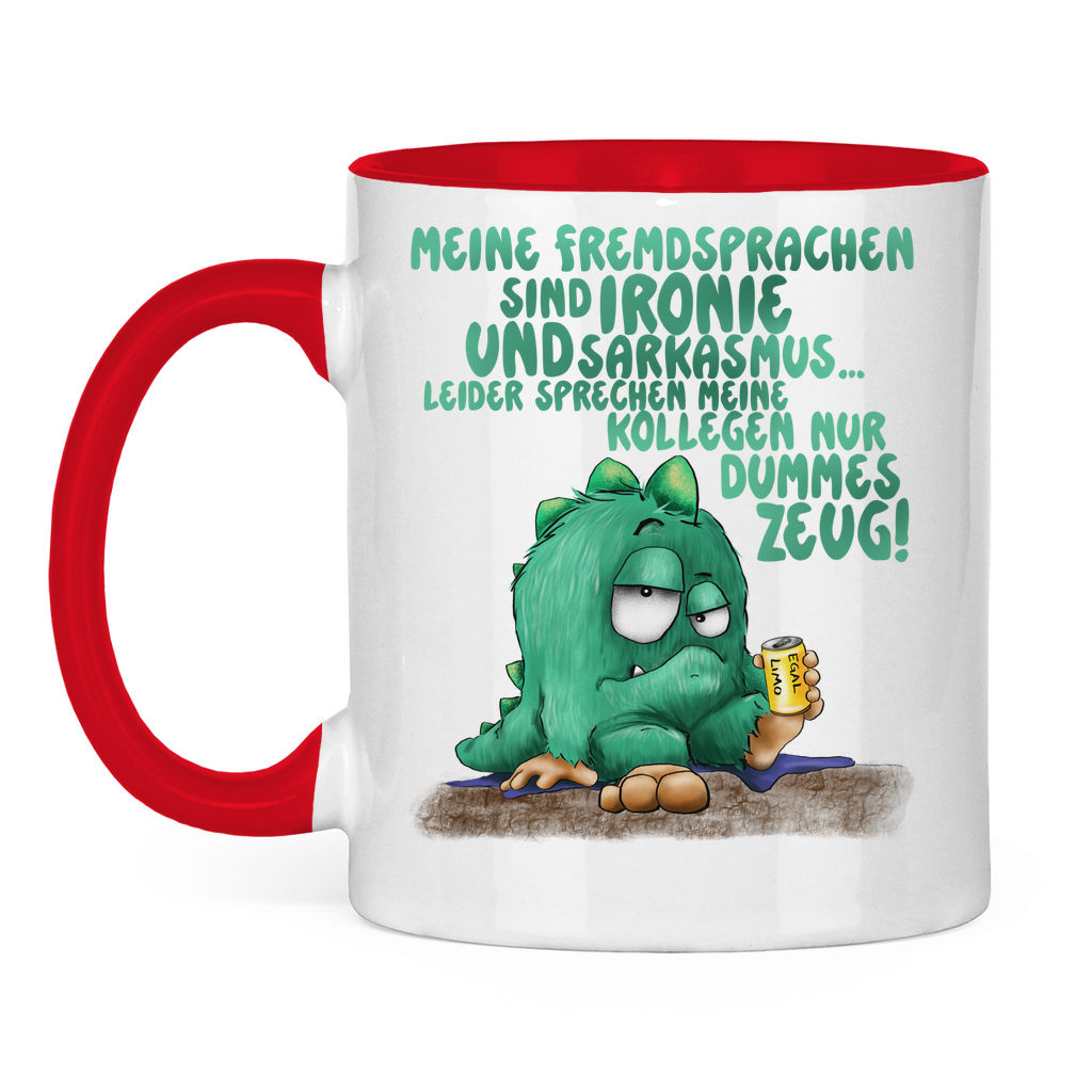 Tasse zweifarbig Meine Fremdsprachen sind Ironie und Sarkasmus.