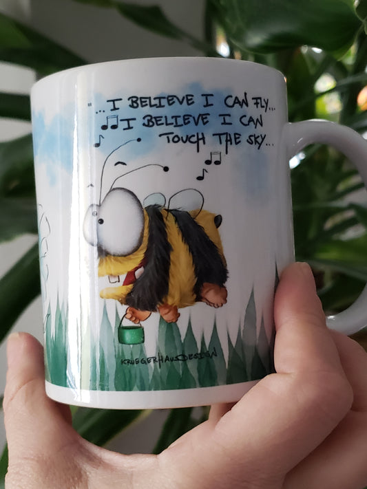 Tasse, Kaffeetasse mit Monster und Spruch "Spring.... I believe I can fly..." Volldruck