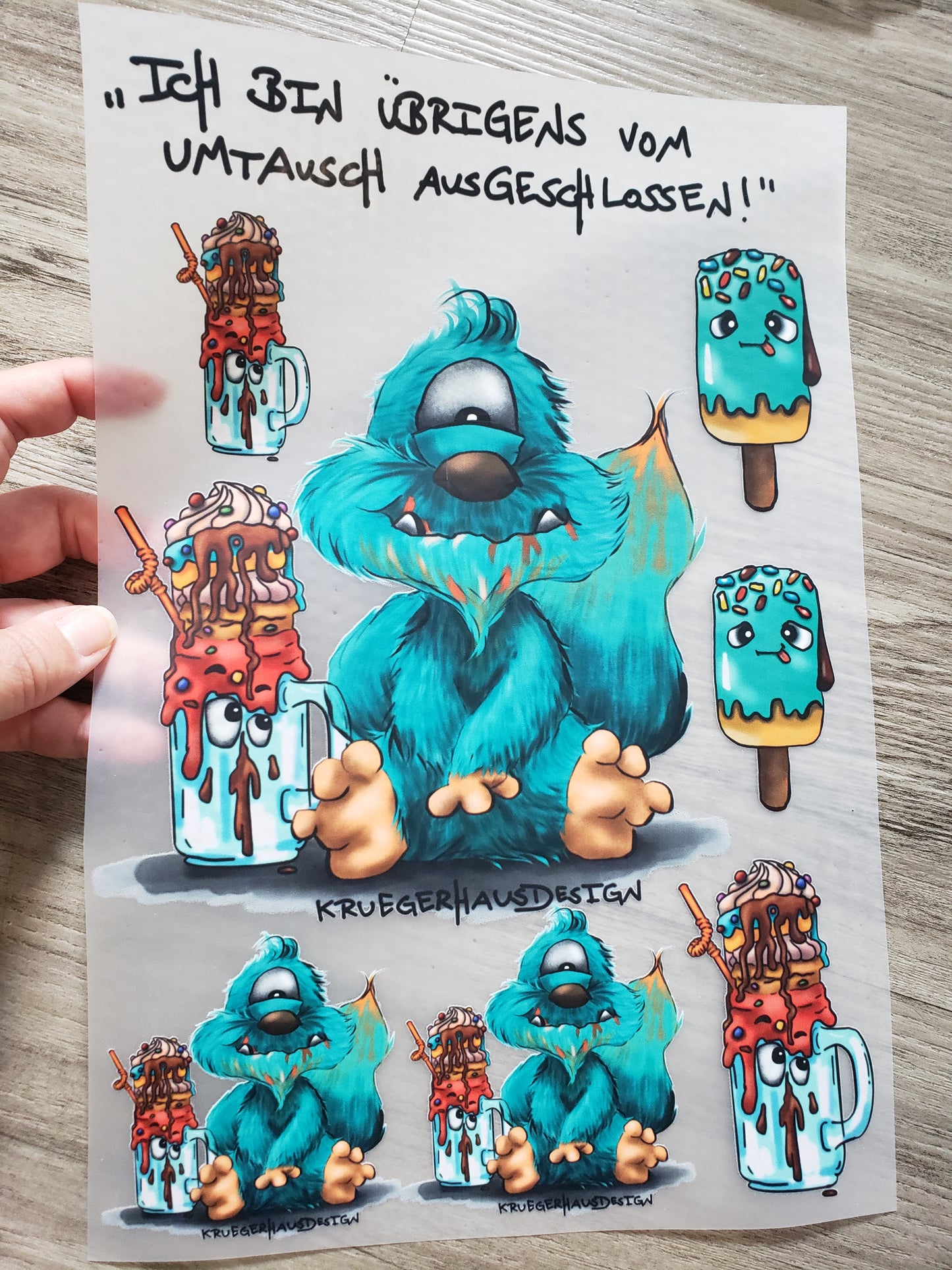 A4 Bügelbild Kruegerhausdesign Monster, "Ich bin übrigens vom Umtausch..." mit Liebe illustriert