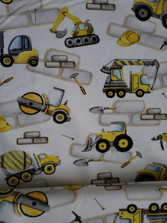 Reststück 74cm French Terry, Sommer Sweat, Baumwolle, Stoff, weiß gelb grau, Baustellen Fahrzeuge