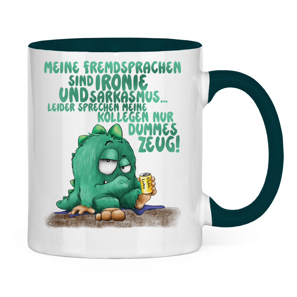 Tasse zweifarbig Meine Fremdsprachen sind Ironie und Sarkasmus.