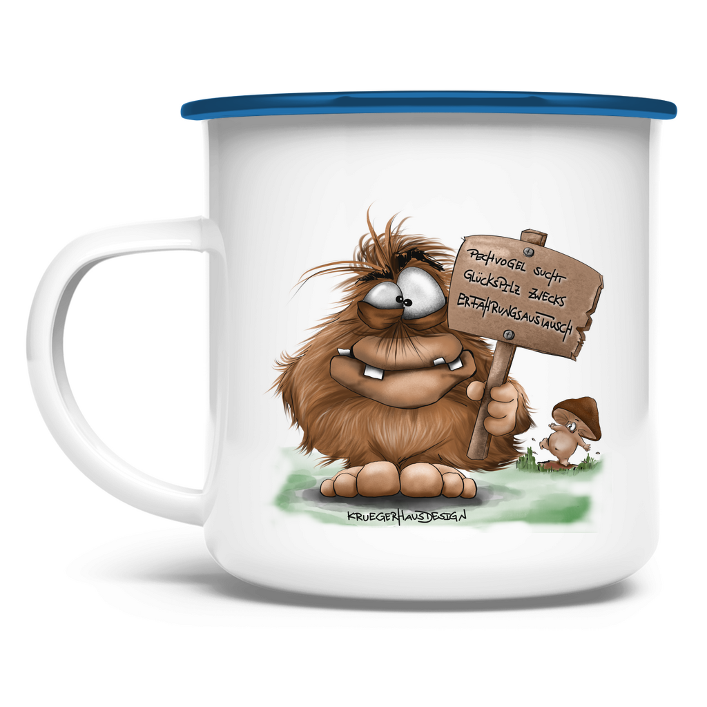 Emaille Tasse Pechvogel sucht Glückspilz zwecks Erfahrungsaustausch, Hugo