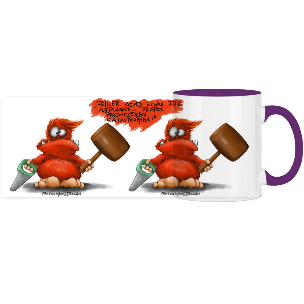 Tasse, Kaffeetasse, Teetasse, zweifarbig, Kruegerhausdesign Monster mit Spruch, 2.Variante, Fehler sind etwas für Anfänger...