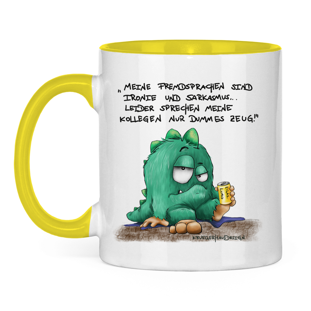 Tasse zweifarbig Meine Fremdsprachen sind Ironie und Sarkasmus, leider meine