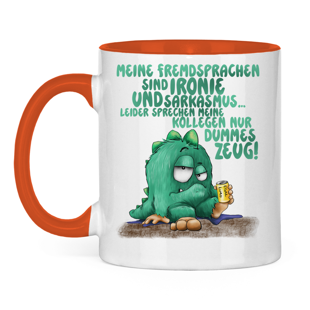 Tasse zweifarbig Meine Fremdsprachen sind Ironie und Sarkasmus.