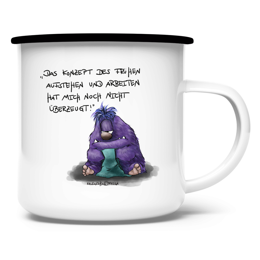 Emaille Tasse Das Konzept des frühen Aufstehen und Arbeiten hat...