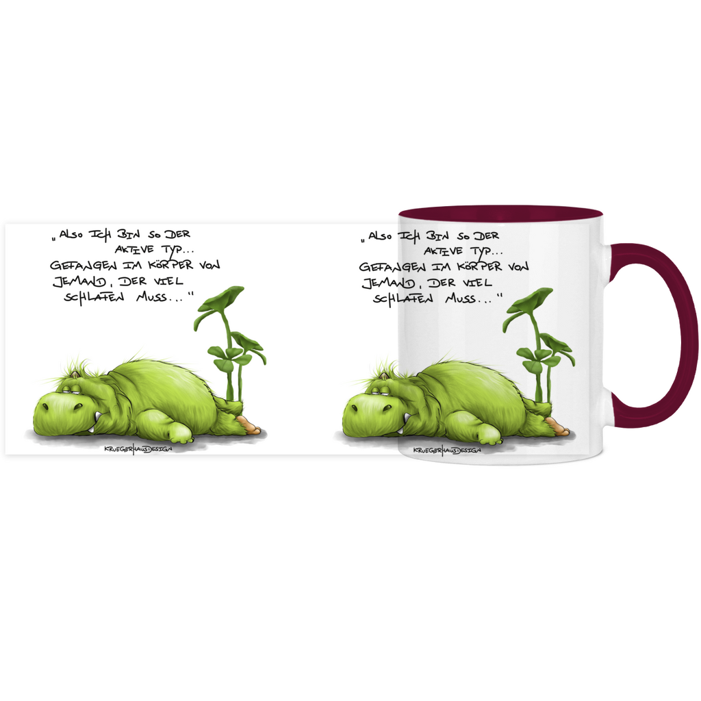 Tasse, Kaffeetasse, Teetasse, zweifarbig, Kruegerhausdesign Monster mit Spruch, klassisch, Also ich bin so der aktive Typ