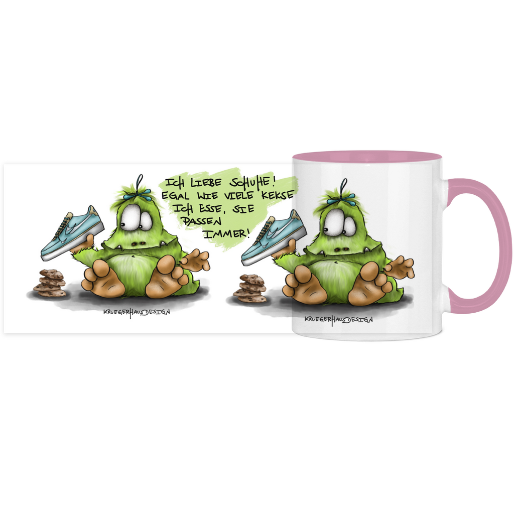 Tasse, Kaffeetasse, Teetasse, Kruegerhausdesign Monster mit Spruch, zweifarbig, 2. Variante, Ich liebe Schuhe...