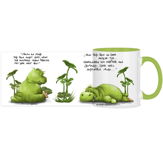 Tasse, Kaffeetasse, Teetasse, zweifarbig, Kruegerhausdesign Monster mit Spruch, 2 Designs, Memo an mich...