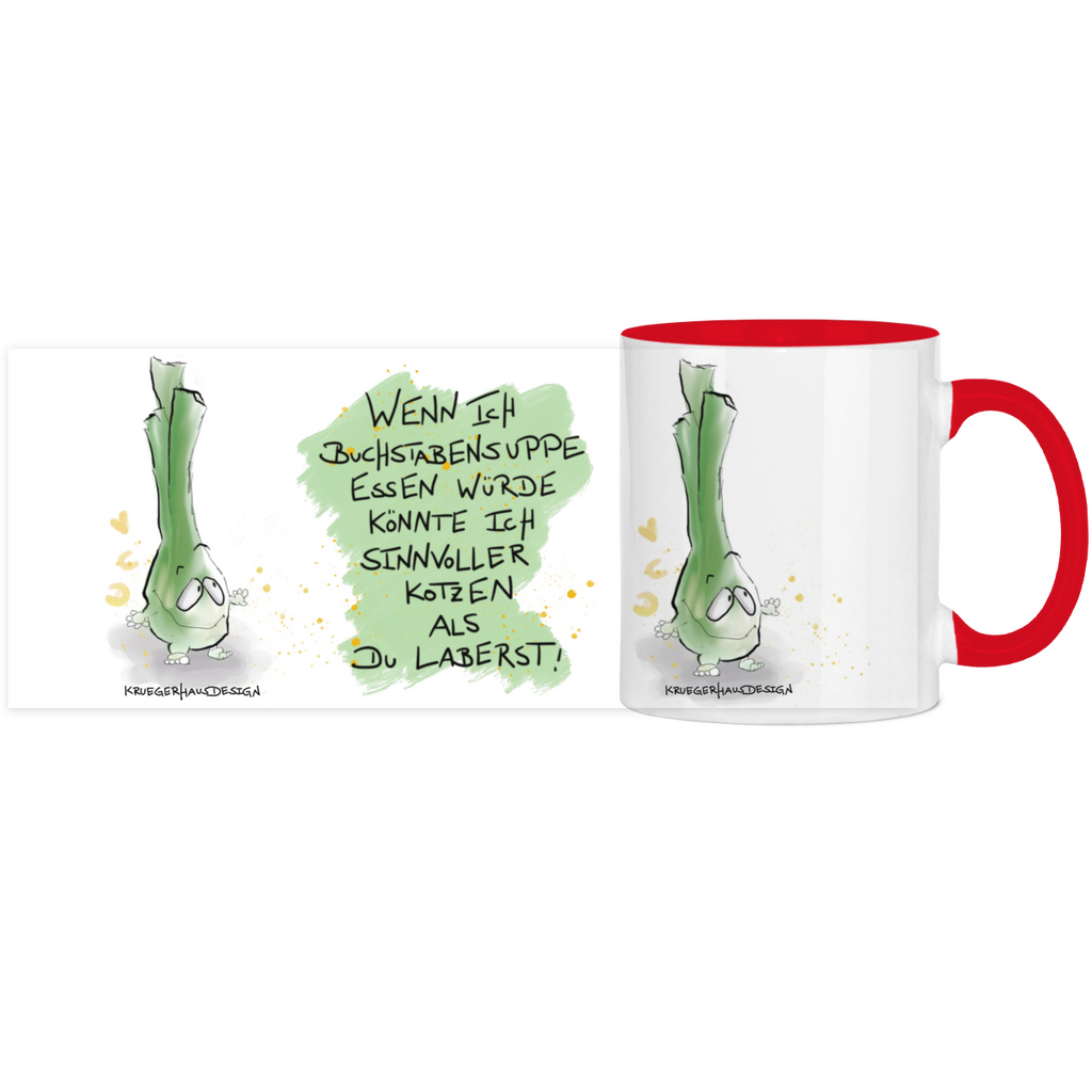 Tasse, Kaffeetasse, Teetasse, zweifarbig, Kruegerhausdesign Monster mit Spruch, 2. Variante, Wenn ich Buchstabensuppe...