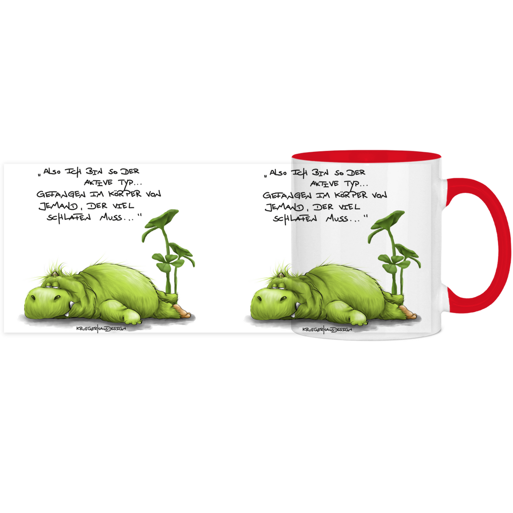 Tasse, Kaffeetasse, Teetasse, zweifarbig, Kruegerhausdesign Monster mit Spruch, klassisch, Also ich bin so der aktive Typ