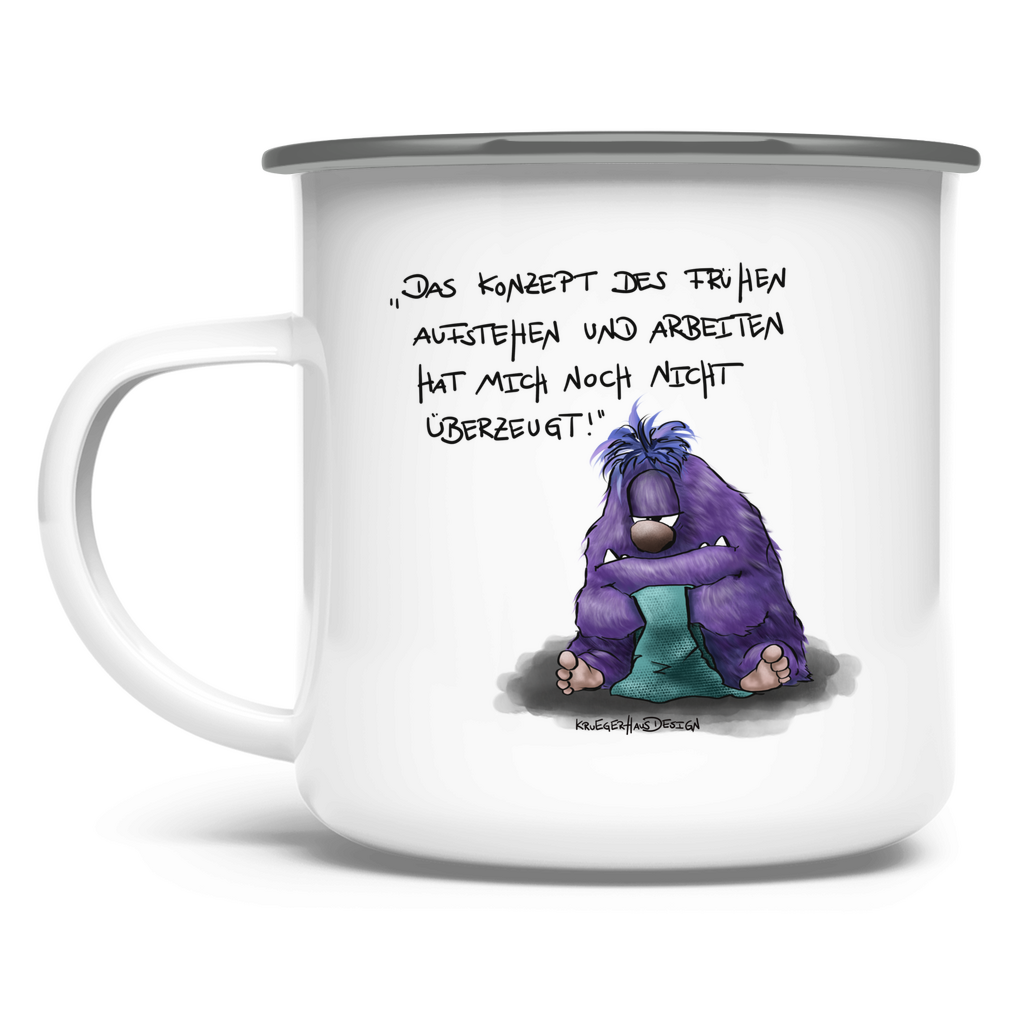 Emaille Tasse Das Konzept des frühen Aufstehen und Arbeiten hat...