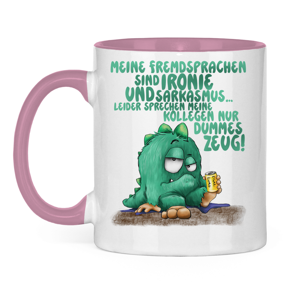 Tasse zweifarbig Meine Fremdsprachen sind Ironie und Sarkasmus.
