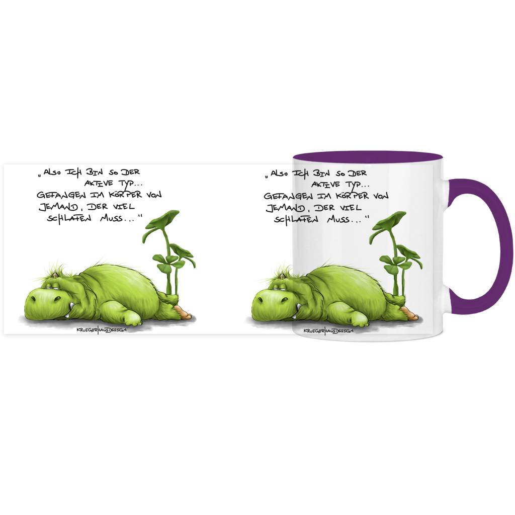 Tasse, Kaffeetasse, Teetasse, zweifarbig, Kruegerhausdesign Monster mit Spruch, klassisch, Also ich bin so der aktive Typ