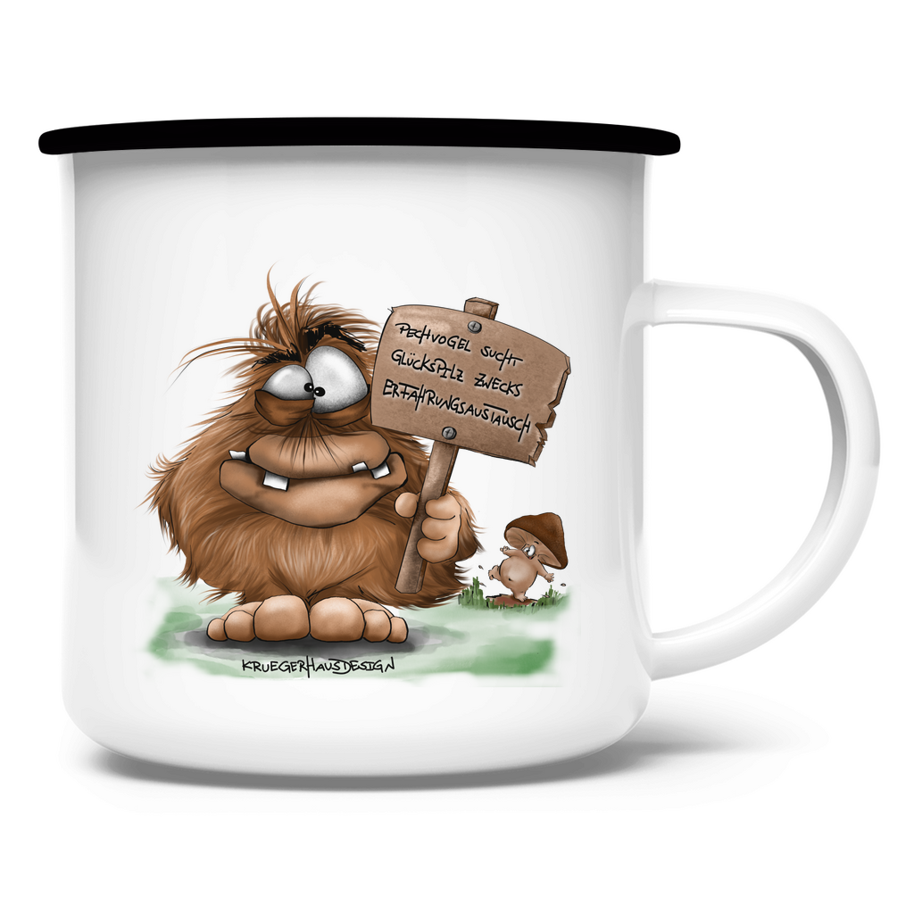 Emaille Tasse Pechvogel sucht Glückspilz zwecks Erfahrungsaustausch, Hugo