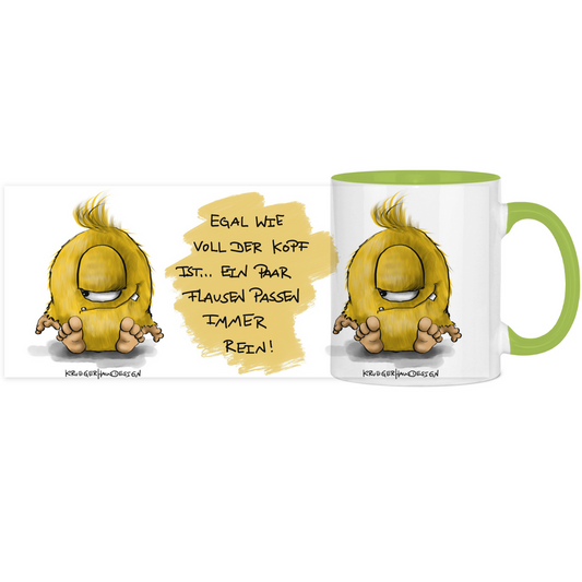Tasse, Kaffeetasse, Teetasse, zweifarbig, Kruegerhausdesign Monster mit Spruch, 2. Variante, Egal wie voll der Kopf ist...