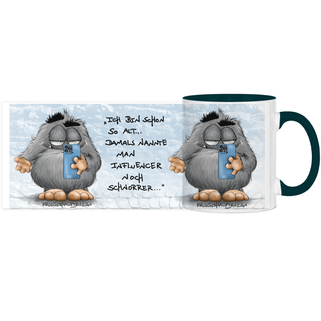 Tasse, Kaffeetasse, Teetasse, zweifarbig, Kruegerhausdesign Monster mit Spruch, 2. Variante, Ich bin so alt...