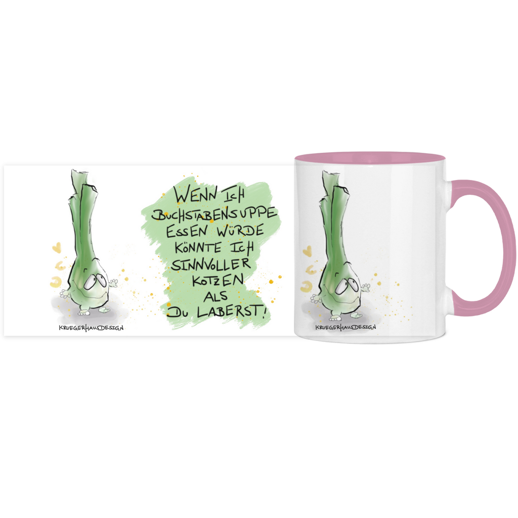 Tasse, Kaffeetasse, Teetasse, zweifarbig, Kruegerhausdesign Monster mit Spruch, 2. Variante, Wenn ich Buchstabensuppe...