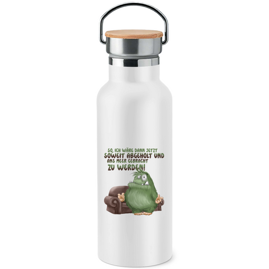 Edelstahl-Trinkflasche mit Bambusdeckel So, ich wäre dann jetzt soweit abgeholt und an Meer gebracht