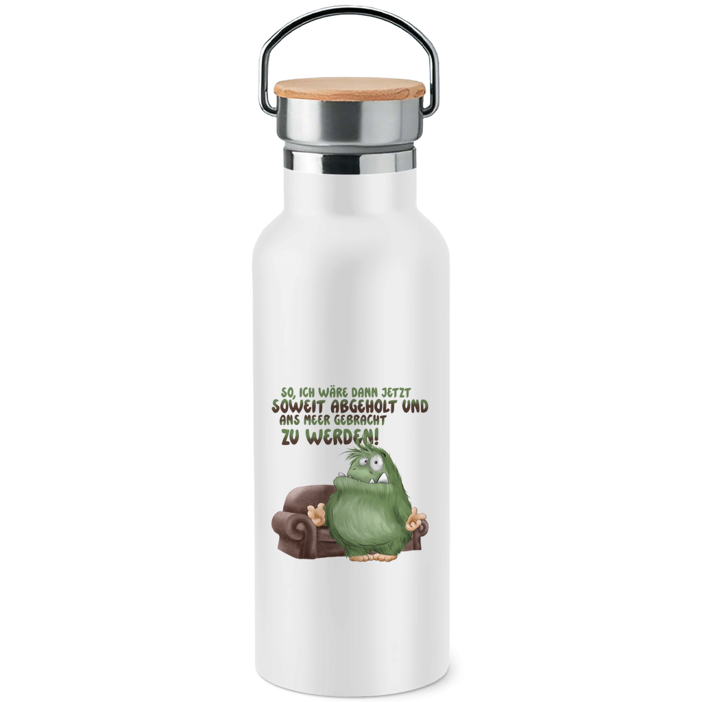 Edelstahl-Trinkflasche mit Bambusdeckel So, ich wäre dann jetzt soweit abgeholt und an Meer gebracht