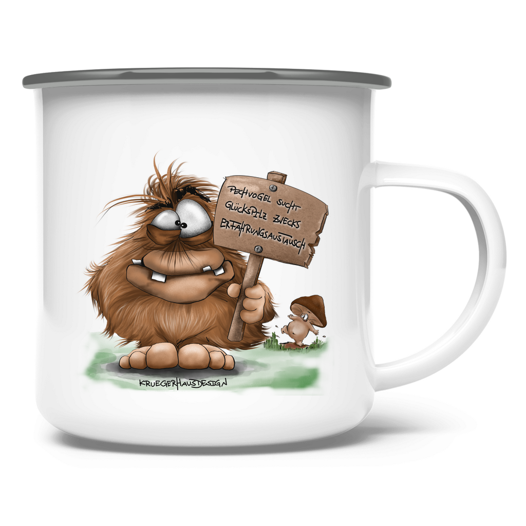 Emaille Tasse Pechvogel sucht Glückspilz zwecks Erfahrungsaustausch, Hugo