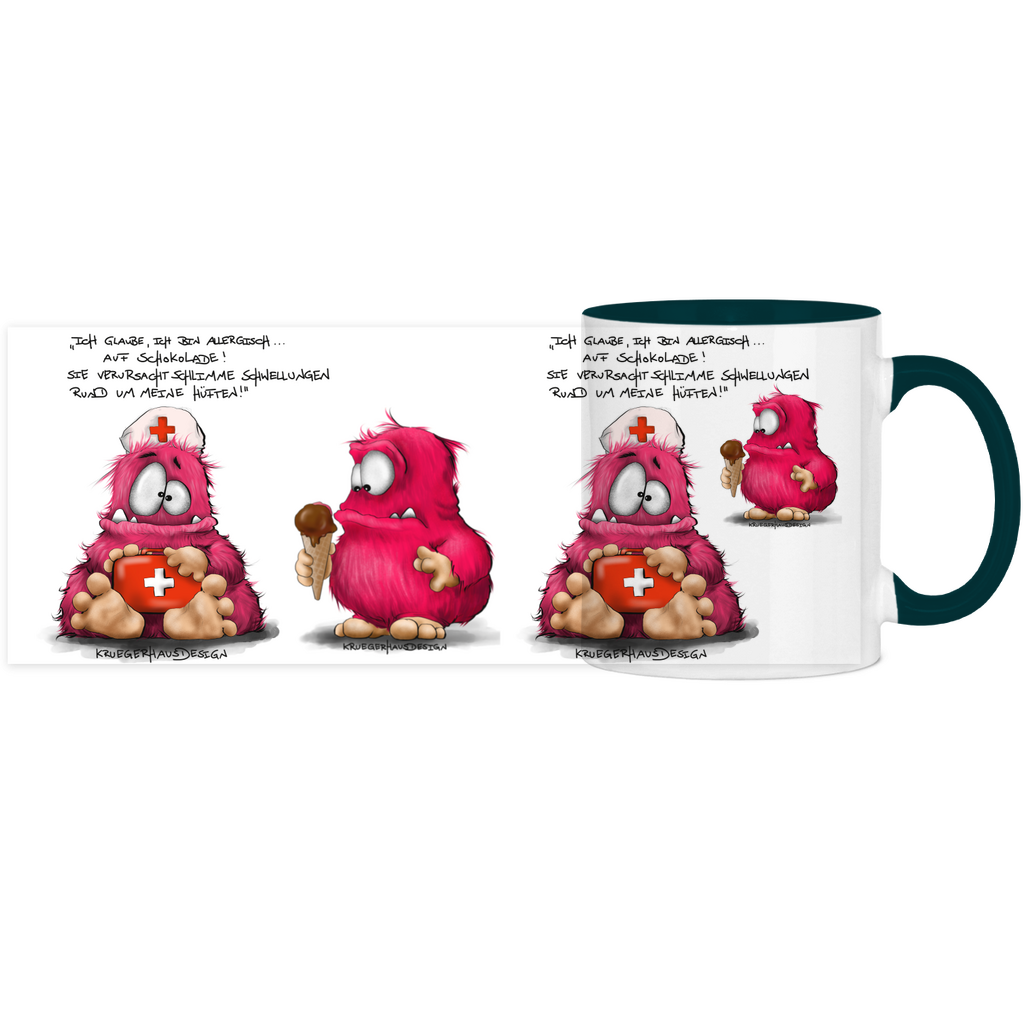 Tasse, Kaffeetasse, Teetasse, zweifarbig, Kruegerhausdesign Monster mit Spruch, Ich glaube, ich bin allergisch...