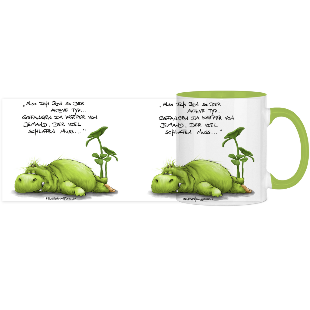 Tasse, Kaffeetasse, Teetasse, zweifarbig, Kruegerhausdesign Monster mit Spruch, klassisch, Also ich bin so der aktive Typ