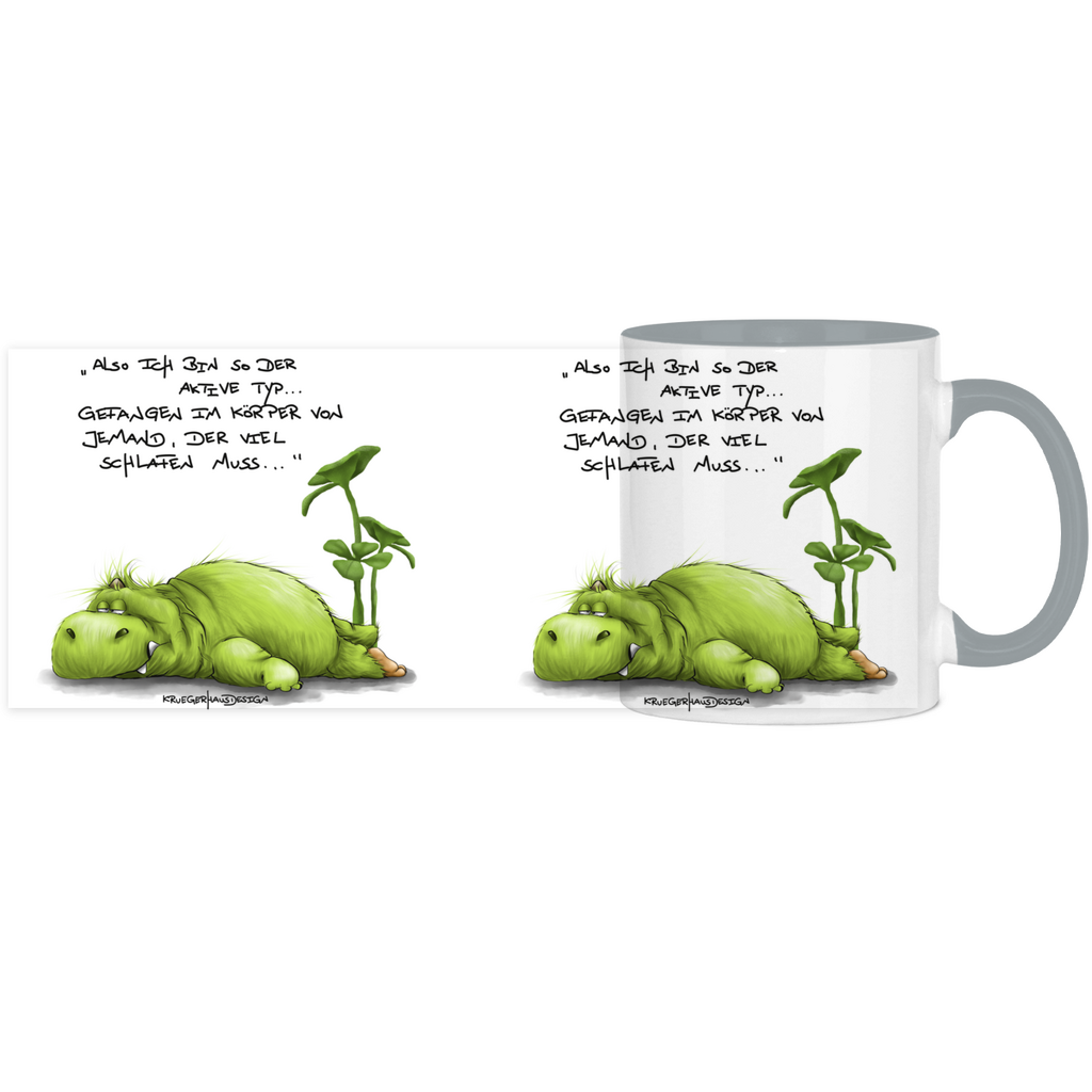 Tasse, Kaffeetasse, Teetasse, zweifarbig, Kruegerhausdesign Monster mit Spruch, klassisch, Also ich bin so der aktive Typ