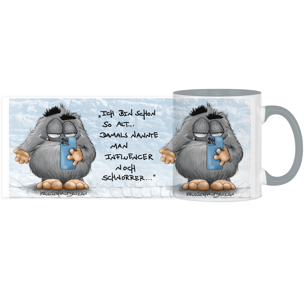 Tasse, Kaffeetasse, Teetasse, zweifarbig, Kruegerhausdesign Monster mit Spruch, 2. Variante, Ich bin so alt...