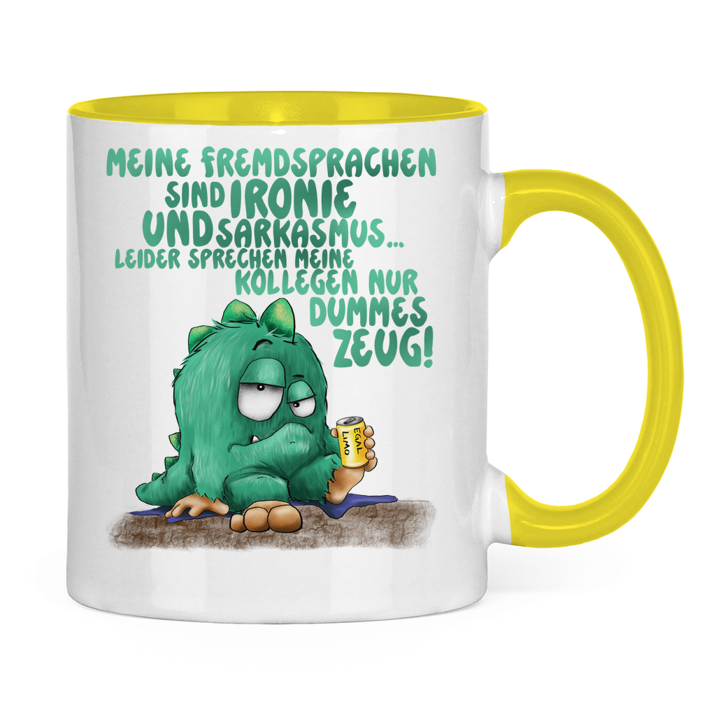 Tasse zweifarbig Meine Fremdsprachen sind Ironie und Sarkasmus.