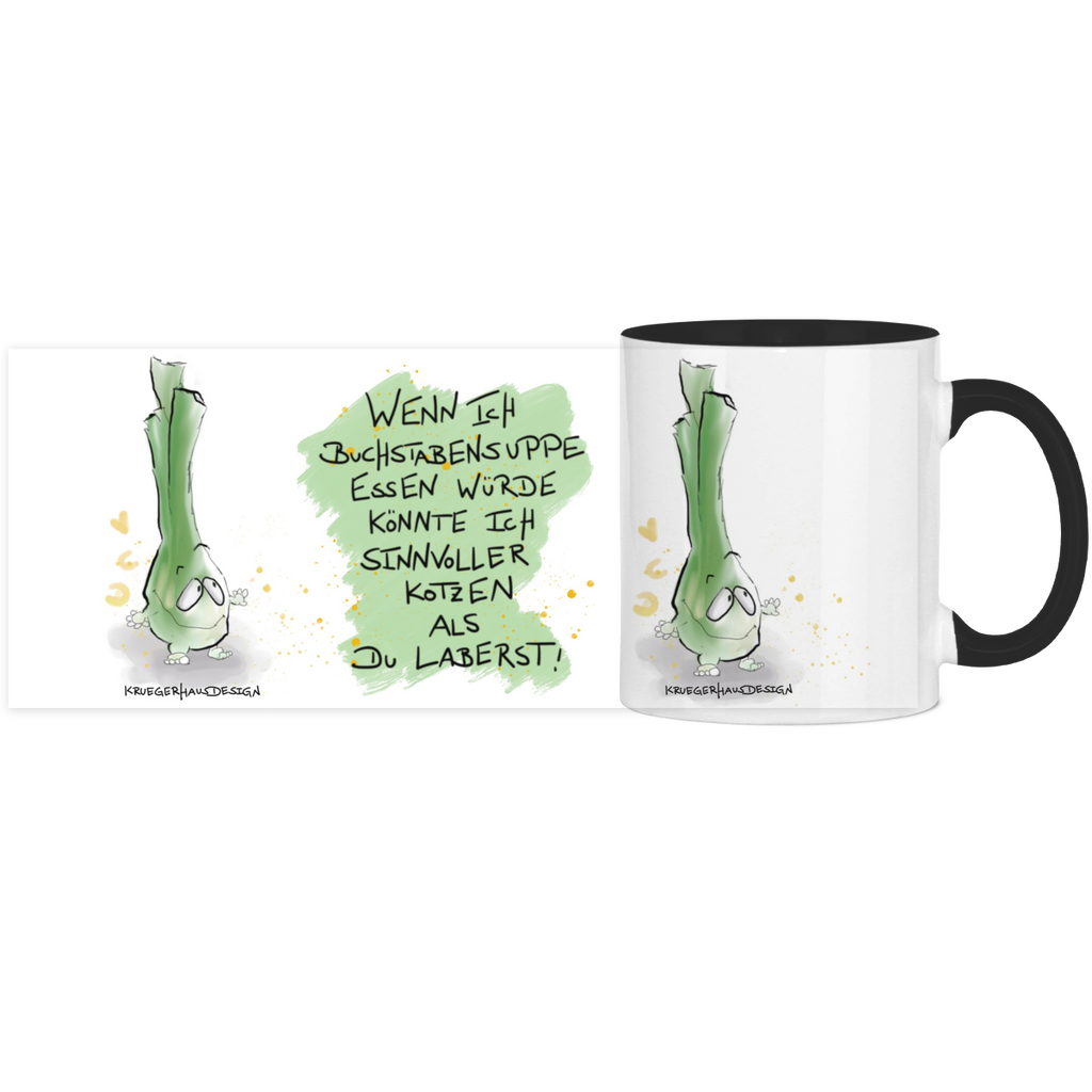 Tasse, Kaffeetasse, Teetasse, zweifarbig, Kruegerhausdesign Monster mit Spruch, 2. Variante, Wenn ich Buchstabensuppe...