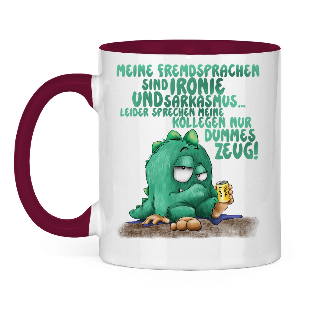 Tasse zweifarbig Meine Fremdsprachen sind Ironie und Sarkasmus.