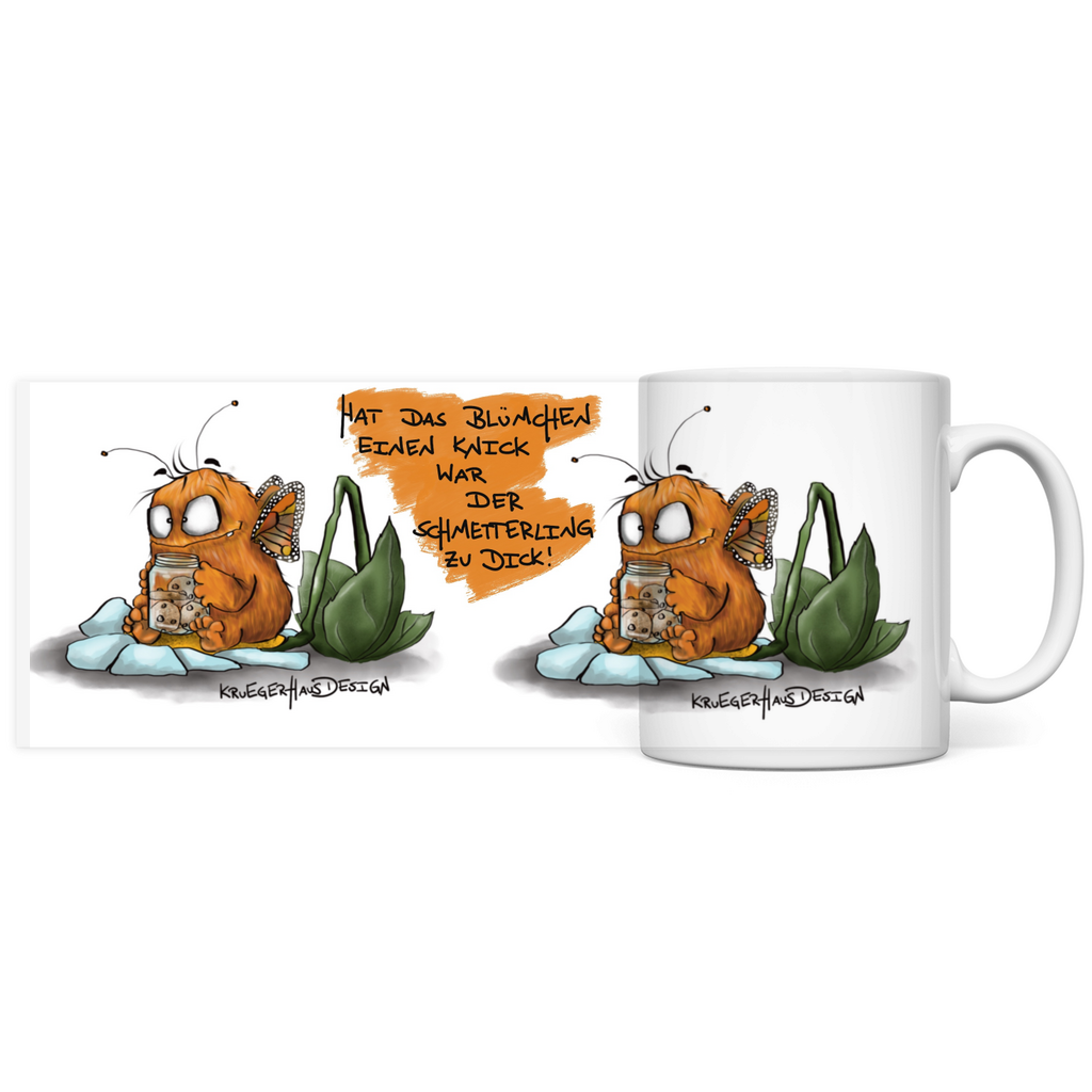 Tasse, Kaffeetasse, Teetasse, Kruegerhausdesign Monster mit Spruch, 2. Variante, Hat das Blümchen einen Knick..