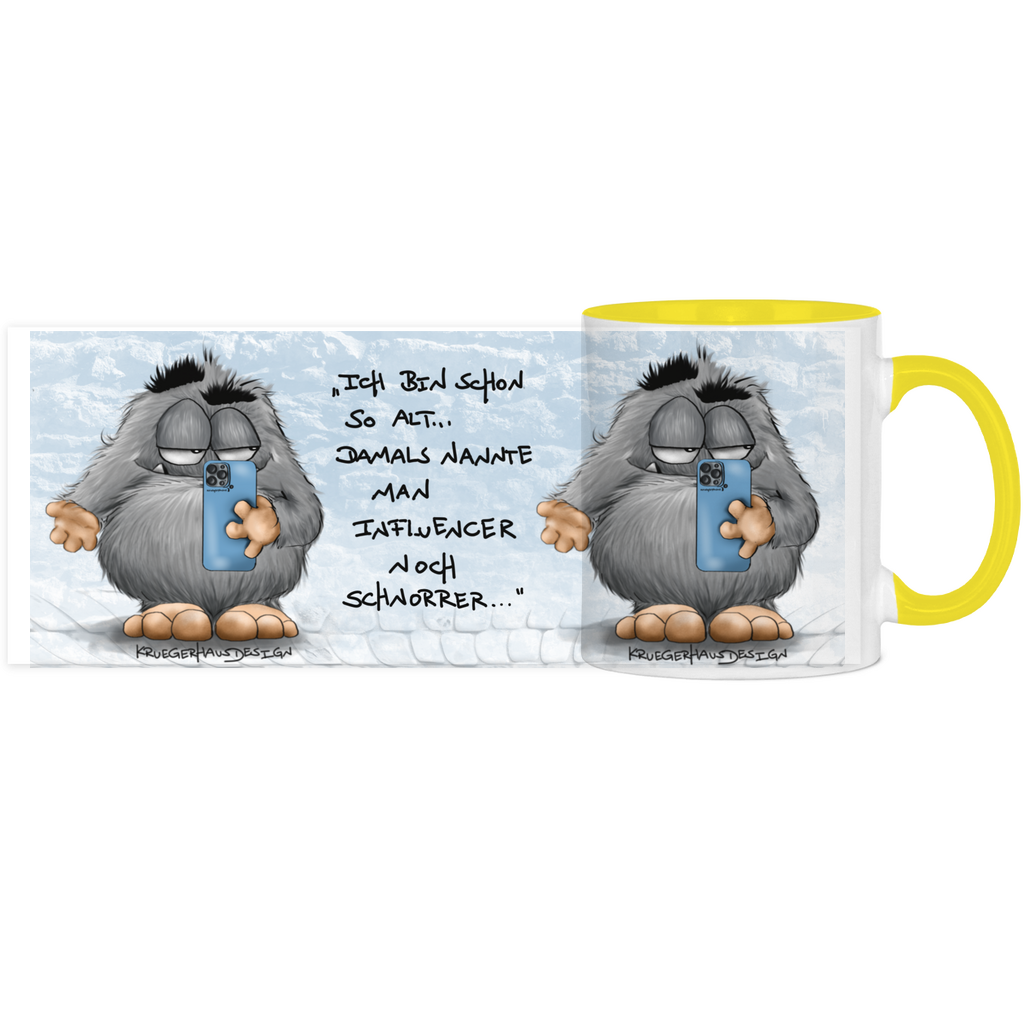 Tasse, Kaffeetasse, Teetasse, zweifarbig, Kruegerhausdesign Monster mit Spruch, 2. Variante, Ich bin so alt...