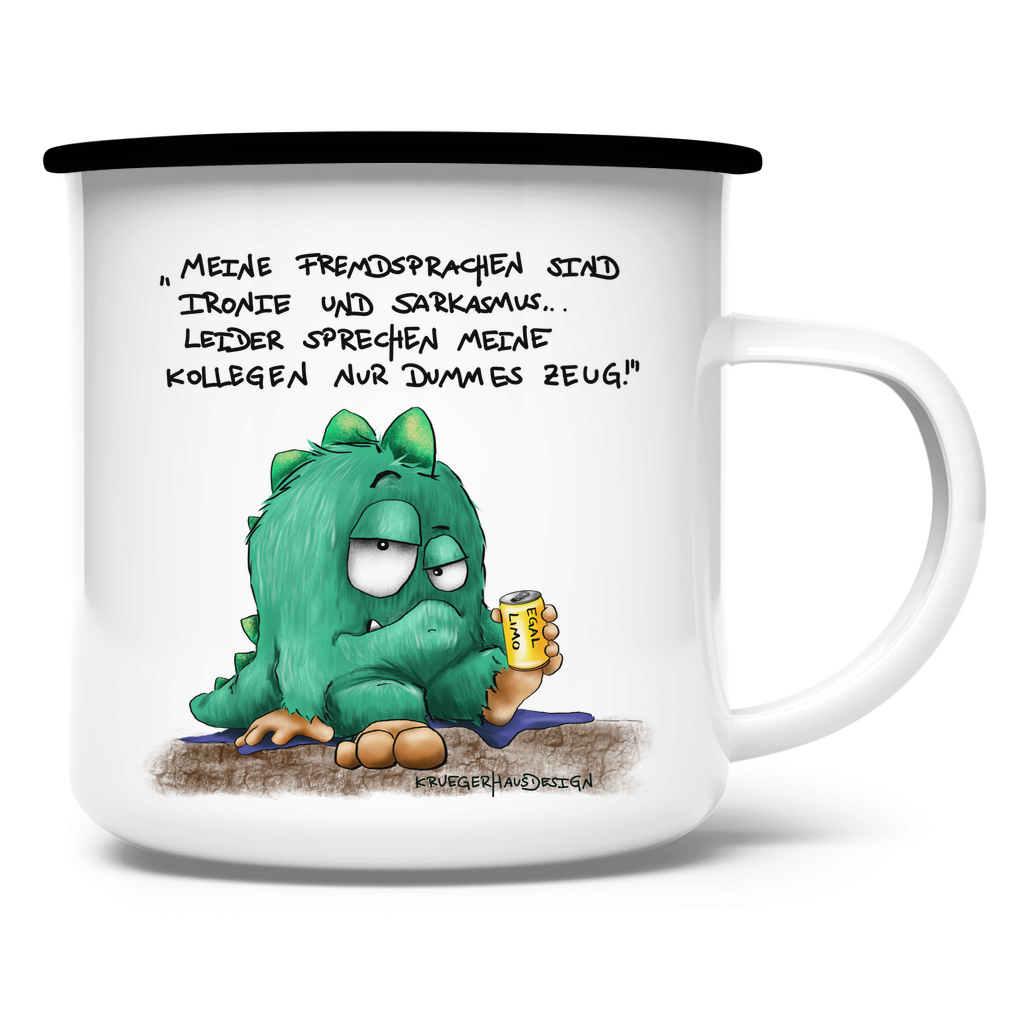 Emaille Tasse Meine Fremdsprachen sind Ironie und Sarkasmus, leider meine