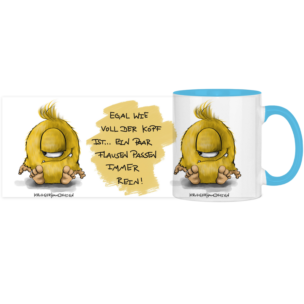 Tasse, Kaffeetasse, Teetasse, zweifarbig, Kruegerhausdesign Monster mit Spruch, 2. Variante, Egal wie voll der Kopf ist...