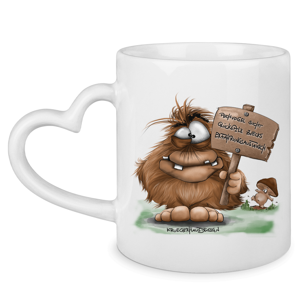 Tasse mit Herzhenkel Pechvogel sucht Glückspilz zwecks Erfahrungsaustausch, Hugo