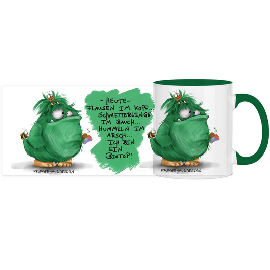 Tasse, Kaffeetasse, Teetasse, zweifarbig, Kruegerhausdesign Monster mit Spruch, 2. Variante, Flausen im Kopf... Biotop