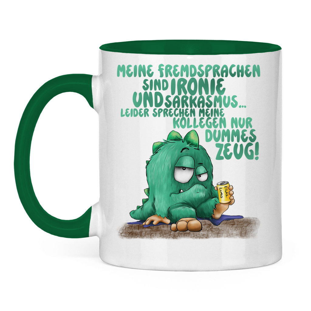 Tasse zweifarbig Meine Fremdsprachen sind Ironie und Sarkasmus.