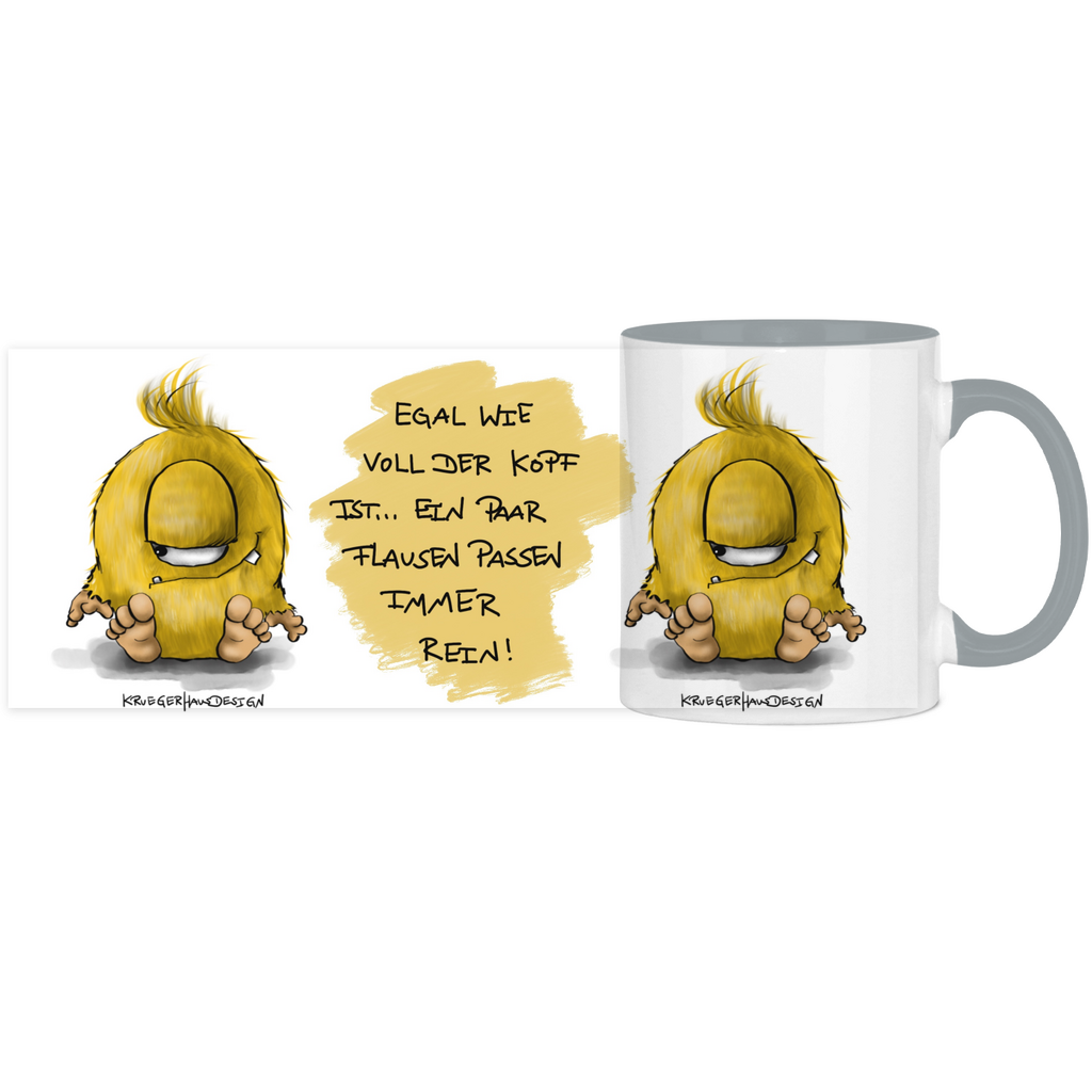 Tasse, Kaffeetasse, Teetasse, zweifarbig, Kruegerhausdesign Monster mit Spruch, 2. Variante, Egal wie voll der Kopf ist...