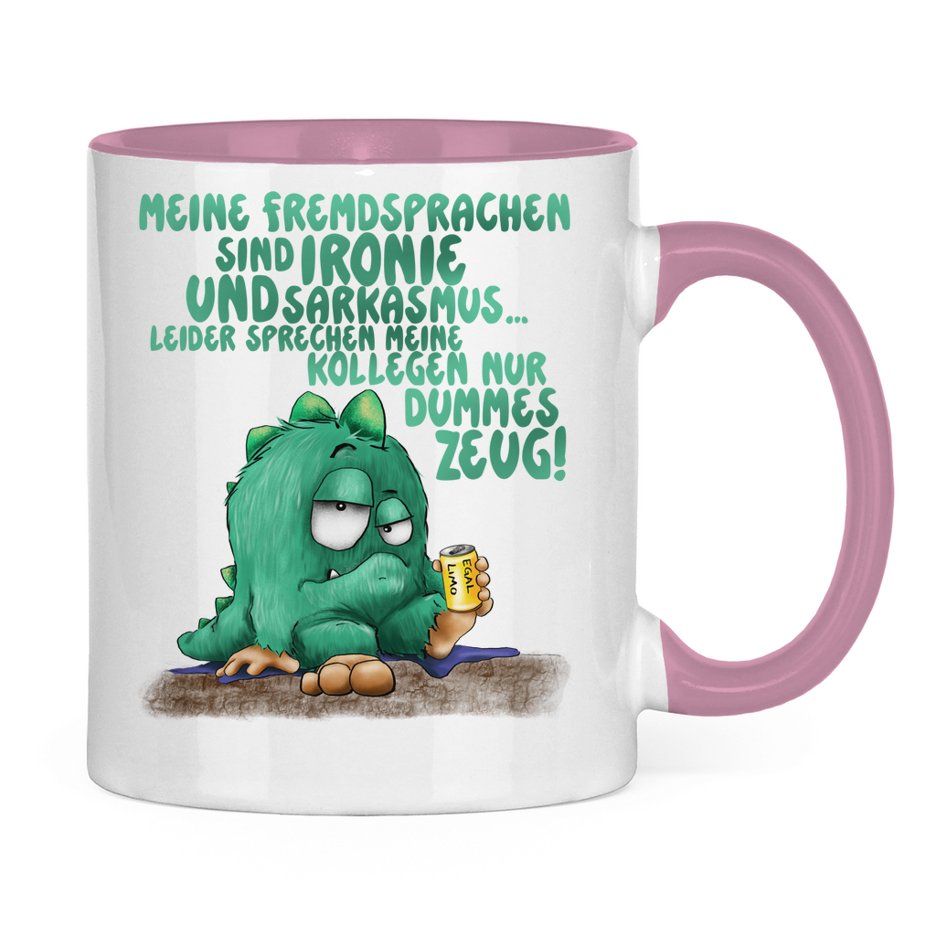 Tasse zweifarbig Meine Fremdsprachen sind Ironie und Sarkasmus.