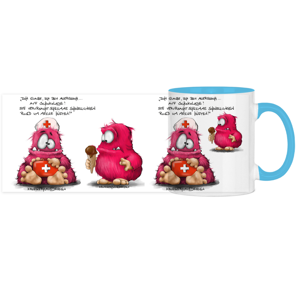 Tasse, Kaffeetasse, Teetasse, zweifarbig, Kruegerhausdesign Monster mit Spruch, Ich glaube, ich bin allergisch...