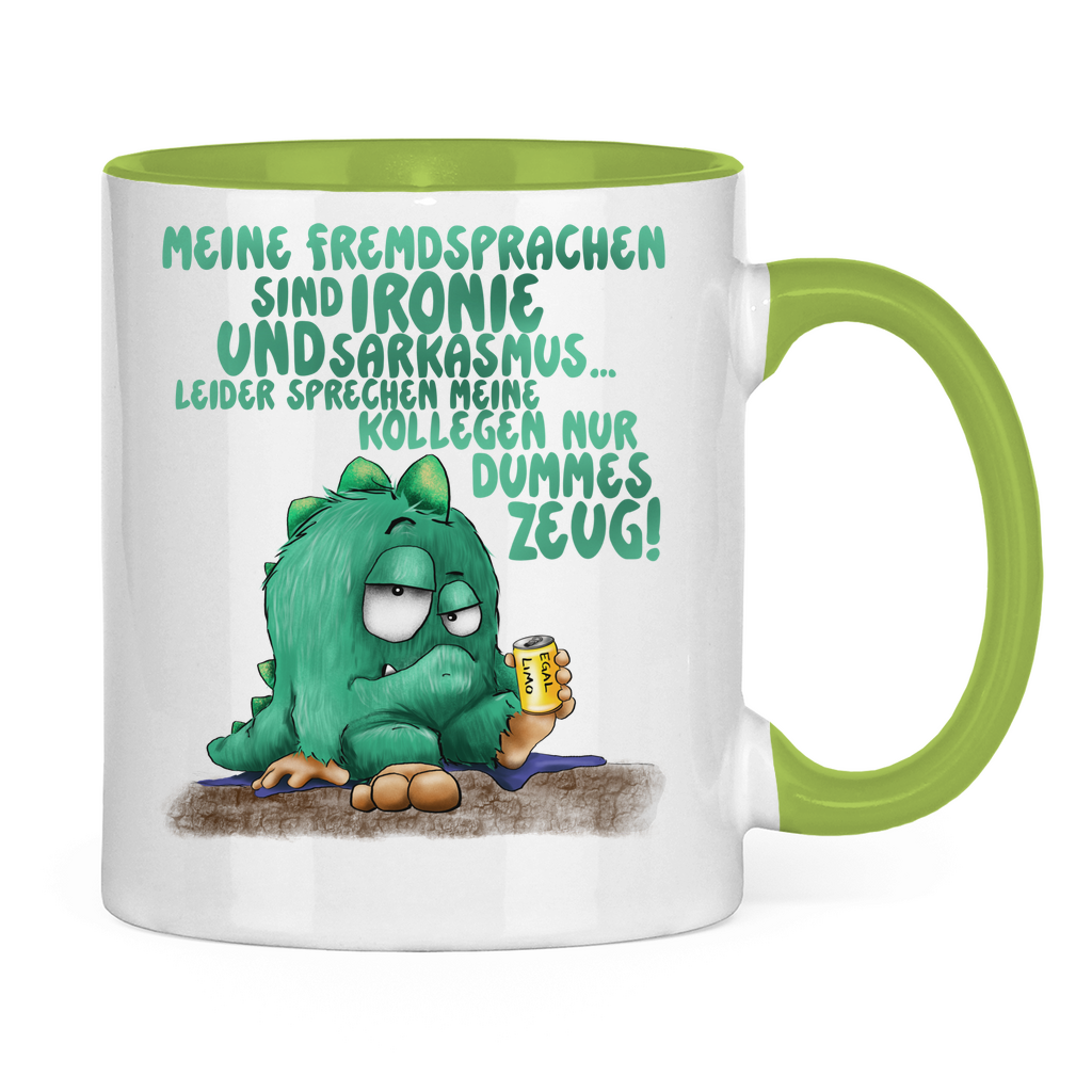 Tasse zweifarbig Meine Fremdsprachen sind Ironie und Sarkasmus.