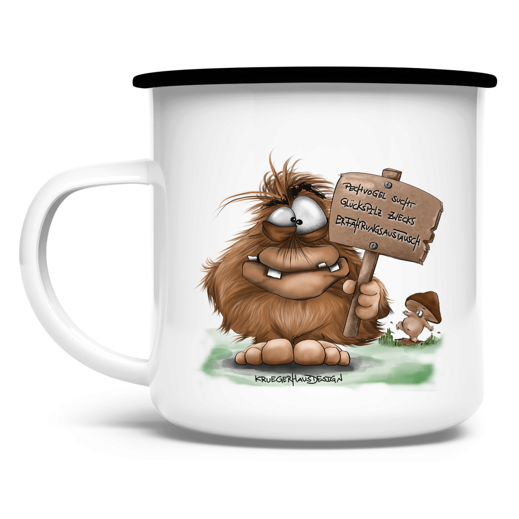 Emaille Tasse Pechvogel sucht Glückspilz zwecks Erfahrungsaustausch, Hugo