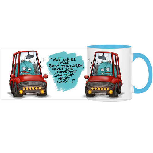 Panorama Tasse zweifarbig, Kaffeetasse, Tee, Kruegerhausdesign Monster mit Spruch, Wie ich es hasse beim Mitsingen