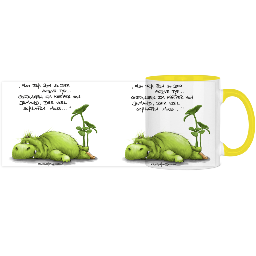 Tasse, Kaffeetasse, Teetasse, zweifarbig, Kruegerhausdesign Monster mit Spruch, klassisch, Also ich bin so der aktive Typ