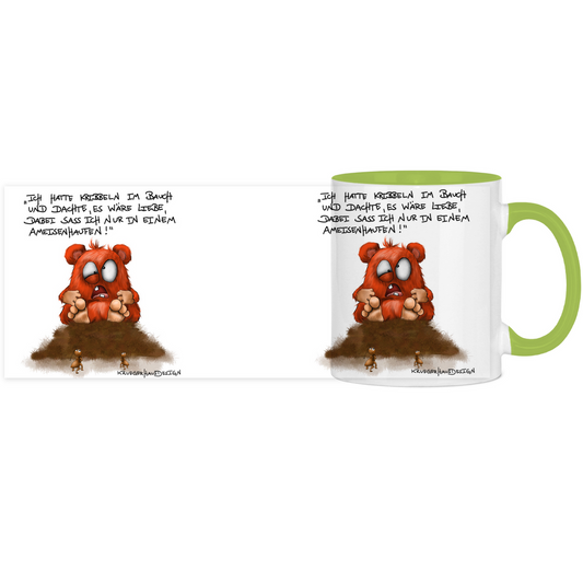 Tasse, Kaffeetasse, Teetasse, zweifarbig, Kruegerhausdesign Monster mit Spruch, Ich hatte Kribbeln im Bauch...