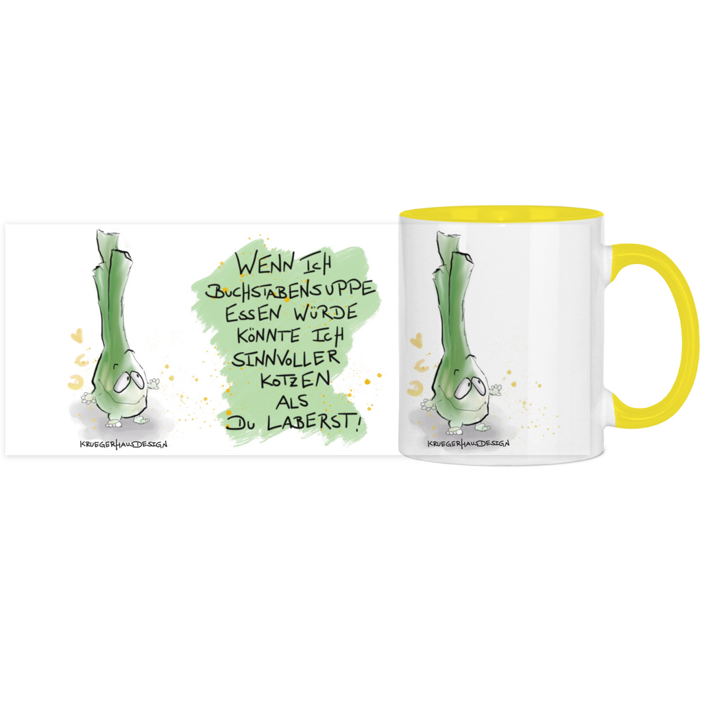 Tasse, Kaffeetasse, Teetasse, zweifarbig, Kruegerhausdesign Monster mit Spruch, 2. Variante, Wenn ich Buchstabensuppe...