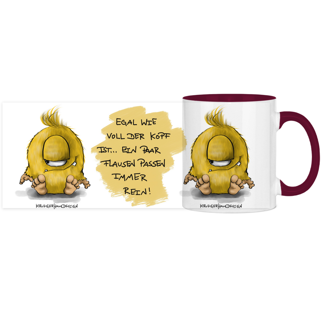 Tasse, Kaffeetasse, Teetasse, zweifarbig, Kruegerhausdesign Monster mit Spruch, 2. Variante, Egal wie voll der Kopf ist...