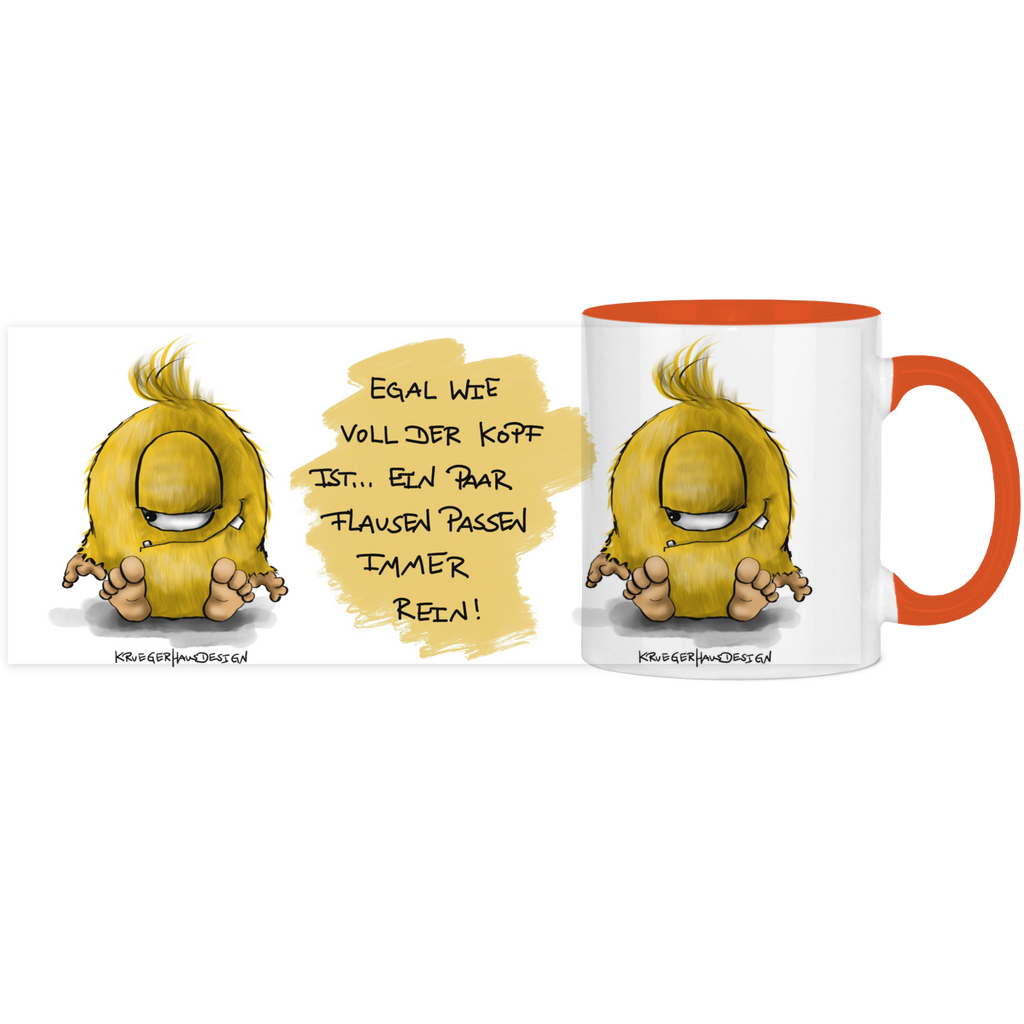 Tasse, Kaffeetasse, Teetasse, zweifarbig, Kruegerhausdesign Monster mit Spruch, 2. Variante, Egal wie voll der Kopf ist...